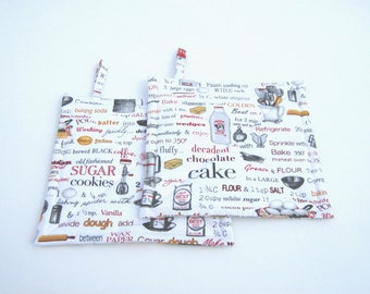 Cooks & Bakers Potholders, Kitchen Tools Print Quilted Hot Pads, USA Handmade, Wrapped for Gift Giving