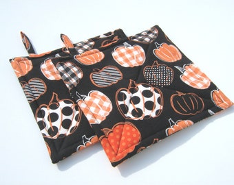 Pumpkin Potholders, Gingham, Polka Dots in Orange, White & Black, Quilted Halloween Hot Pads, USA Made Hostess Gift, Wrapped for Gift Giving