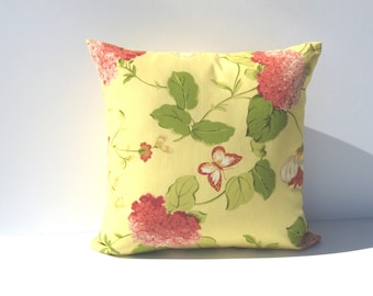 Yellow Pillow Cover with Flowers & Butterflies in Coral, Green, Gold and White, Summer House Décor 19 x 19 Pillow Cover, USA Handmade