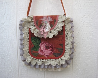 Boho Festival Cross-Body Bag w. Vintage Lace Trim, Rose Applique & Glamor Brooch, Décor Fabric Hippie Tote w. 2 Pockets, USA Made