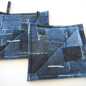 Faux Denim Potholders, Quilted Indigo Blue Patchwork Look Hot Pads, USA Handmade Housewarming, Hostess Gift image 2