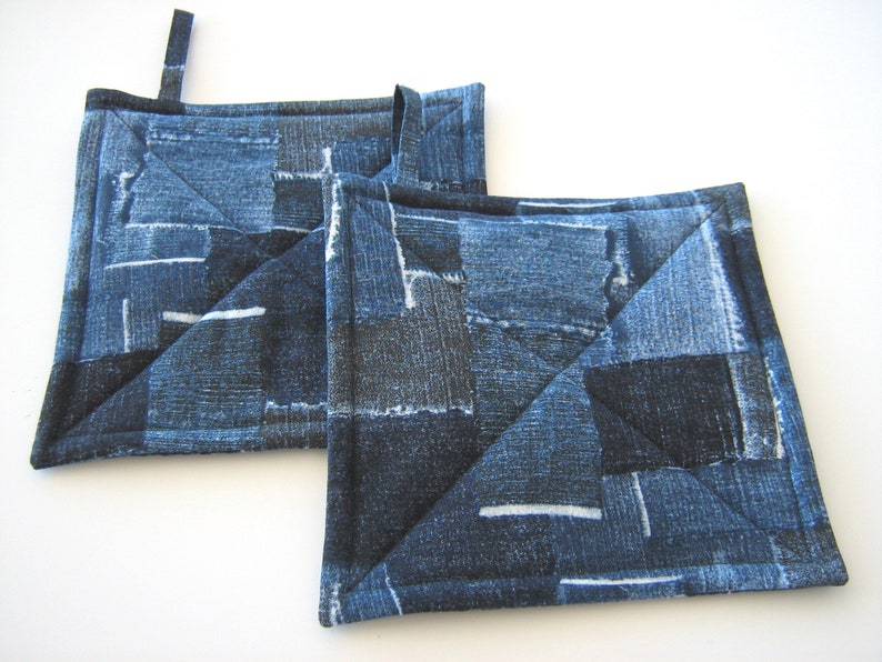 Faux Denim Potholders, Quilted Indigo Blue Patchwork Look Hot Pads, USA Handmade Housewarming, Hostess Gift image 2