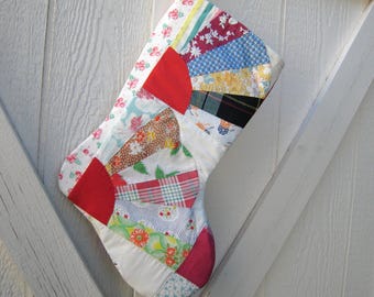 Granny's Quilt Christmas Stocking, X-Large, Rustic Cottage Holiday Décor, Handmade in New Mexico