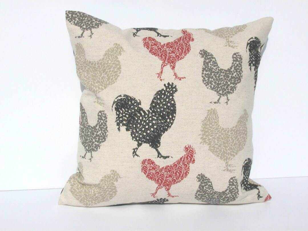Rooster Pillow Cover, Red, Black, Taupe & Grey Roosters on Oatmeal