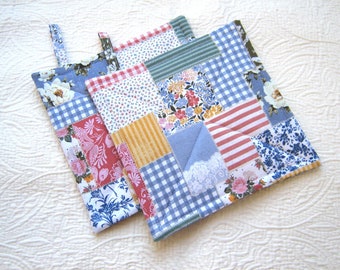 Faux Patchwork Potholders in Blue, Pink, White, Spring and Summer Kitchen Décor, Quilted Hot Pads, NM Handcrafted, Wrapped for Gift Giving