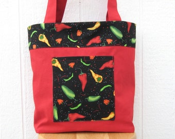 Red Canvas Shopping Bag, Reusable Duck Cloth Tote with Green, Yellow, Red and Black Chili Pepper Trim, USA Handmade