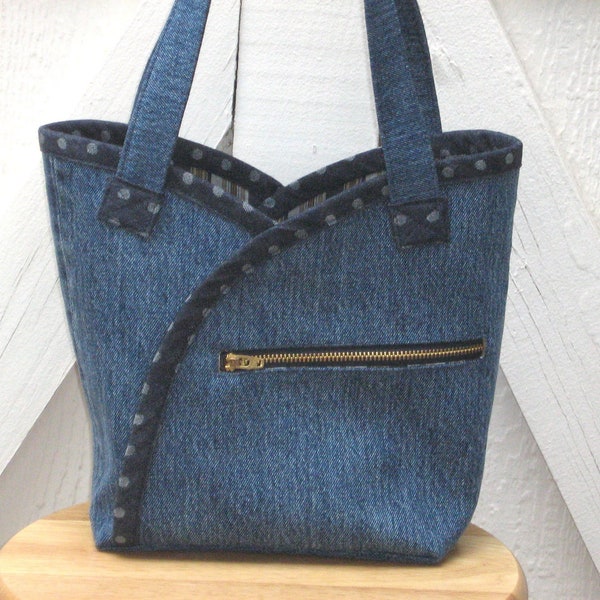 Upcycled Denim Handbag in Repurposed Blue Jeans Denim, Lined Mini Tote with Pockets, Gift for Her