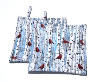 Red Cardinals Potholders, Birds in Wintry Birch Trees, Quilted Hot Pads, Stocking Stuffer, USA Handmade Gift for Bird Lover or Housewarming