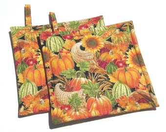 Autumn Harvest Potholders, Quilted Hot Pads with Pumpkins, Sunflowers & Apples, USA Handmade Stocking Stuffer, Gift Wrapped