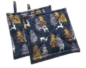 Silver Reindeer Christmas Potholders, Quilted Winter Hot Pads, Set of Two, Wrapped for Gift Giving