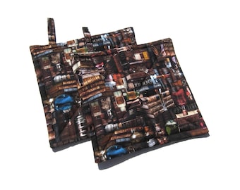 Spooky Library Potholders, Dark Academia Quilted Hot Pads, USA Hand Crafted Gift for Librarian, Wrapped for Gift Giving