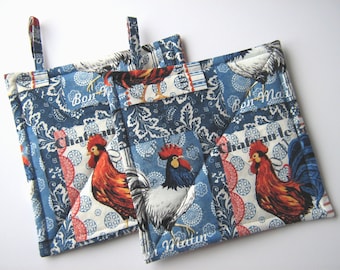 French Country Rooster Potholders, Red, White, Indigo Blue Quilted Hot Pads, US Handmade Hostess, Housewarming Gift, Wrapped for Gift Giving