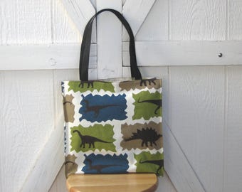 Dinosaur Tote, Fun Lined Bag w. Inside Pocket, Great for Groceries, Books, Travel, Green, Teal & Taupe Cotton Bag, Handcrafted in New Mexico