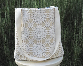 Crochet Tablecloth Tote Bag, Vintage Table Runner, Chic Upcycled Small Tote, USA Hand Made