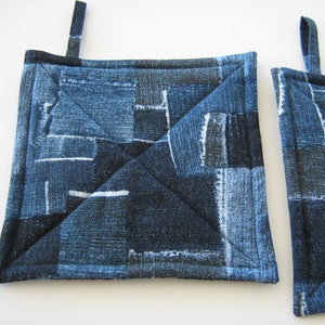 Faux Denim Potholders, Quilted Indigo Blue Patchwork Look Hot Pads, USA Handmade Housewarming, Hostess Gift image 3
