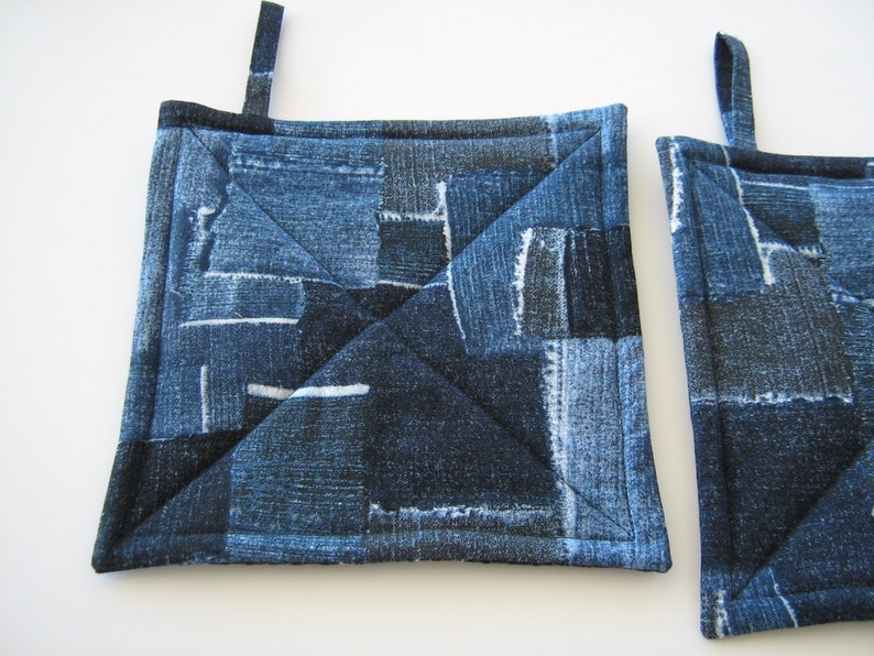 Faux Denim Potholders, Quilted Indigo Blue Patchwork Look Hot Pads, USA Handmade Housewarming, Hostess Gift image 3
