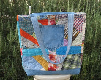 Granny Quilt Tote, Upcycled Vintage Scrap Patchwork Bag with Zipper, USA Hand Made