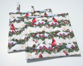 Cardinals Potholders, Christmas Holiday Hot Pads with Pines, Pinecones, Holly Berries, USA Handmade Hostess, Stocking Stuffer Gift