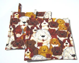 Happy Dogs Potholders, Handmade Quilted Hot Pads in Brown, Rust and White, Pet Sitter or Dog Walker Gift