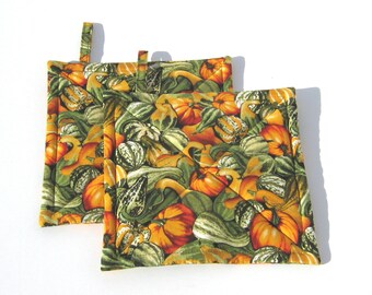 Pumpkins and Gourds Potholders, Gold and Green Quilted Hot Pads, USA Hand Made, Wrapped for Gift Giving