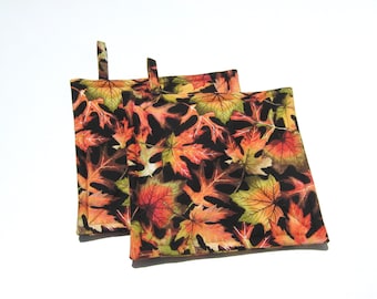 Autumn Leaves Potholders, Colorful Red Gold Maple Leaf Hot Pads, USA Hand Crafted Hostess or Thanksgiving Bringsel, Wrapped for Gift Giving