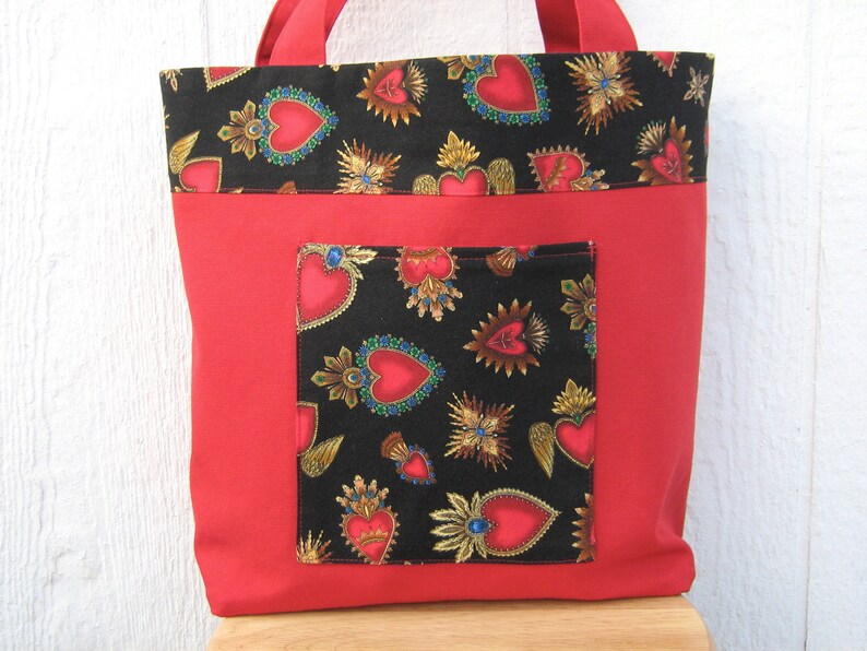 Sacred Hearts Red Canvas Shopping Bag, Day of the Dead Heart Icon Reusable Duck Cloth Tote, USA Handmade image 3