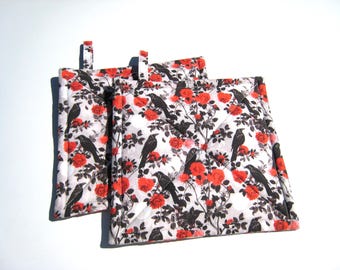 Crows and Roses Potholders, Red & Black Quilted Hot Pads, USA Hand Made Hostess Gift, Stocking Stuffer, Wrapped Ready for Gift Giving