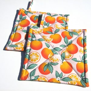 Oranges Potholders, Quilted Hot Pads with Orange Blossoms, Citrus Slices, Pink White Polka Dots, Hostess or Housewarming Gift
