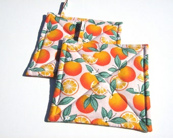 Oranges Potholders, Quilted Hot Pads with Orange Blossoms, Citrus Slices, Pink White Polka Dots, USA Handmade
