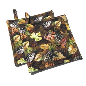 May include: Two brown and green pot holders with a leaf and pine cone pattern. The pot holders have a loop handle.