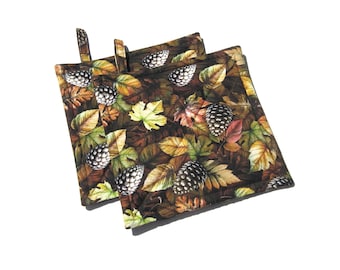 Autumn Woodland Potholders, Leaves and Pinecones Quilted Hot Pads, Rustic Farmhouse Décor, USA Hand Crafted Housewarming or Hostess Gift