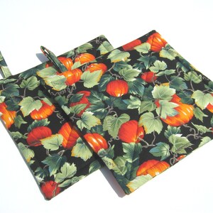 May include: Two black quilted pot holders with a pumpkin and vine pattern. The pot holders have a loop for hanging.