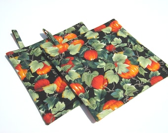 Pumpkin Patch Potholders, Orange Pumpkins and Green Vines, Quilted Hot Pads, USA Handmade Housewarming, Thanksgiving Hostess Gift