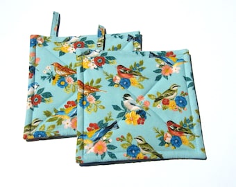 Summer Birds Potholders, Colorful Spring Flowers, USA Hand Made Quilted Hot Pads, Gift Wrapped