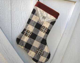 Buffalo Plaid Christmas Stocking, X-Large, Country Cottage Holiday Décor, Handmade in New Mexico