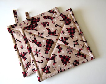 Red Plaid Holiday Potholders with Reindeer & Snowmen, Christmas Themed Quilted Hot Pads, USA Handmade, Wrapped for Gift Giving