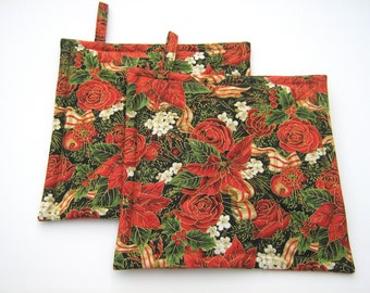 Poinsettia Potholders, Roses, Holly, Pomegranate, Holiday Quilted Hot Pads, USA Made Stocking Stuffer, Hostess Gift, Wrapped for Gift Giving