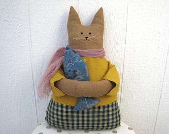 Primitive Cat and Fish Cloth Art, Mustard Yellow, Blue, Caramel, Country Cottage Décor