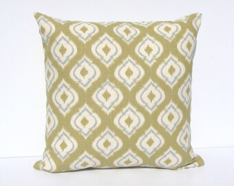 IKAT Pillow Cover in Pale Lime Green, Dusty Blue & Cream Linen, 19 x 19 Inches, USA Handmade