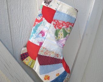 Granny's Quilt Christmas Stocking, X-Large, Rustic Cottage Holiday Décor, Handmade in New Mexico