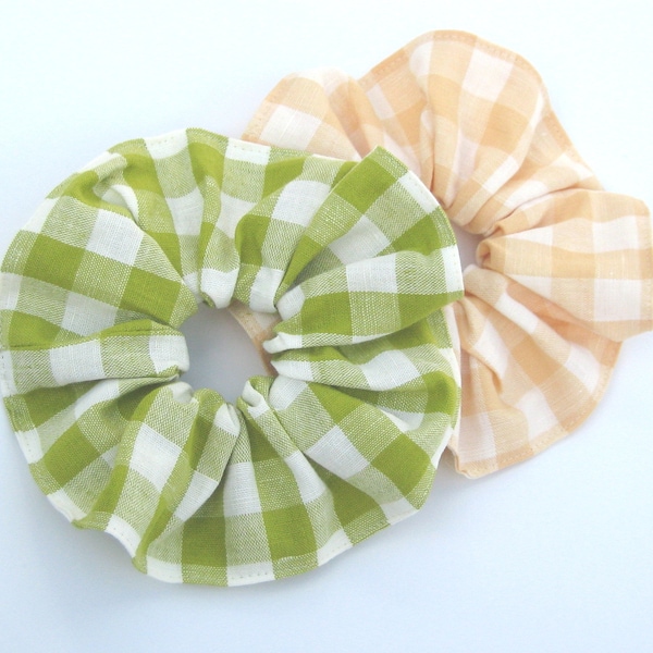 Gingham Check Linen Scrunchie, Choice of Apple Green or Pale Peach, US Made Hair Accessory