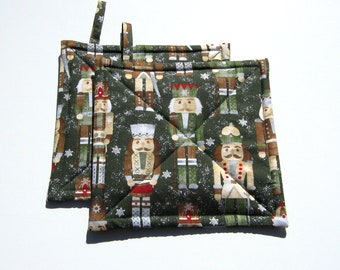 Nutcracker Potholders, Holiday Kitchen Décor, Green, Red, Tan Quilted Hot Pads, USA Handmade, Wrapped for Gift Giving