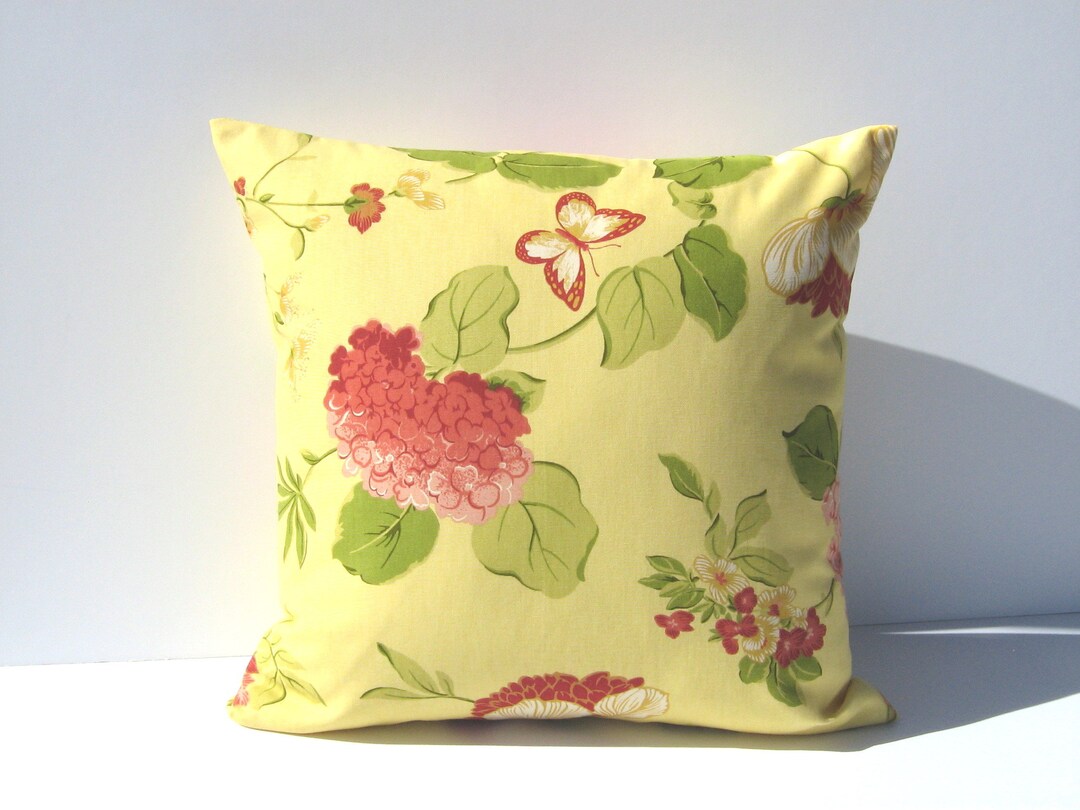 Yellow Floral Pillow Cover With Coral, Green, Gold and White Flowers