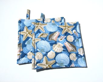 Seashell and Starfish Potholders in Blue and Tan, Quilted Hot Pads, Beach House Kitchen Décor, USA Handcrafted, Wrapped for Gift Giving