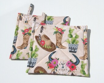 Desert Core Potholders with Boots, Hats, Cactus, Skulls, SW Ranch Décor Quilted Hot Pads, Boho Cowgirl Chic, Western Vibe
