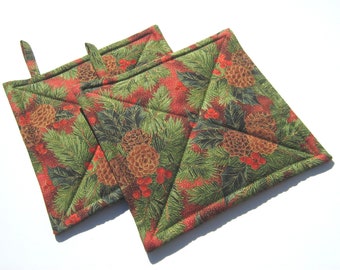 Christmas Potholders with Pine Boughs and Pinecones, Red, Green, Brown Holiday Quilted Hot Pads, USA Made Stocking Stuffer, Hostess Gift