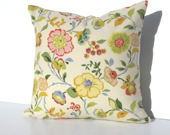 Floral Pillow Cover, Spring & Summer Décor, Red, Pink, Blue, Green Flowers on Pale Yellow Linen-Cotton, English Cottage Style, 17" x 17"