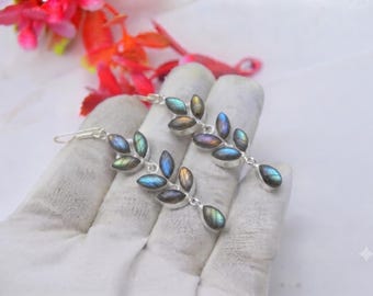 Handmade Labradorite Gemstone Dangle Earring 925 Sterling Silver Jewelry Statement Gift for Her