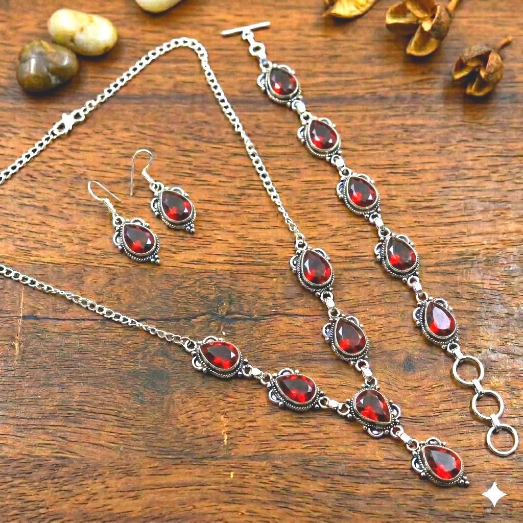 Red Garnet Sterling Silver Jewelry Set - Bohemian Bridal Necklace…