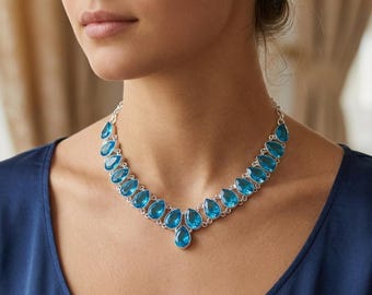 Swiss Blue Topaz Gemstone 925 Sterling Silver Big Necklace Handmade Jewelry Gift For Her